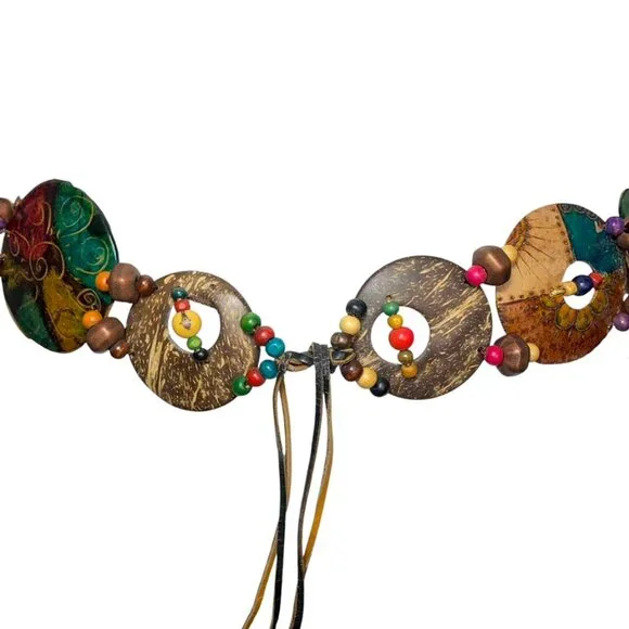 HANDPAINTED Leather, Coconut, Wood and Beaded Tie Belt HANDPAINTED Leather, Coconut, Wood and Beaded Tie Belt main image 3